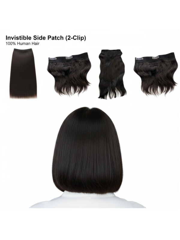 Invisible Side Patch (2‑Clip) – 100% Human Hair