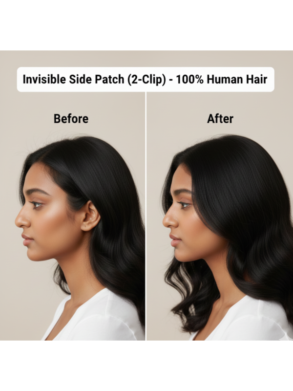 Invisible Side Patch (2‑Clip) – 100% Human Hair